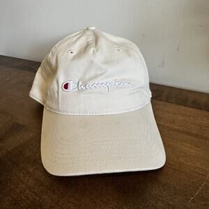 Champion Baseball Hat Cap Adult Beige Raised Letters Strap Back Adjustable